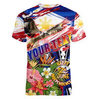 Personalized Philippines Independence Day Women V-Neck T-Shirt Polynesia Filipinas Eagle Hibiscus