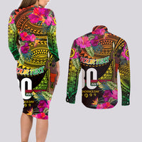 Personalised Vanuatu Independence Day 30 July Couples Matching Long Sleeve Bodycon Dress and Long Sleeve Button Shirt Hibiscus Polynesian Pattern DT02 - Polynesian Pride