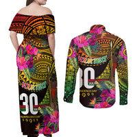 Personalised Vanuatu Independence Day 30 July Couples Matching Off Shoulder Maxi Dress and Long Sleeve Button Shirt Hibiscus Polynesian Pattern DT02 - Polynesian Pride