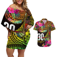 Personalised Vanuatu Independence Day 30 July Couples Matching Off Shoulder Short Dress and Hawaiian Shirt Hibiscus Polynesian Pattern DT02 Yellow - Polynesian Pride