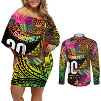 Personalised Vanuatu Independence Day 30 July Couples Matching Off Shoulder Short Dress and Long Sleeve Button Shirt Hibiscus Polynesian Pattern DT02 Yellow - Polynesian Pride