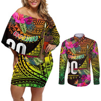 Personalised Vanuatu Independence Day 30 July Couples Matching Off Shoulder Short Dress and Long Sleeve Button Shirt Hibiscus Polynesian Pattern DT02 Yellow - Polynesian Pride