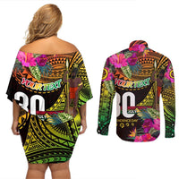 Personalised Vanuatu Independence Day 30 July Couples Matching Off Shoulder Short Dress and Long Sleeve Button Shirt Hibiscus Polynesian Pattern DT02 - Polynesian Pride