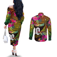 Personalised Vanuatu Independence Day 30 July Couples Matching Off The Shoulder Long Sleeve Dress and Long Sleeve Button Shirt Hibiscus Polynesian Pattern DT02 - Polynesian Pride