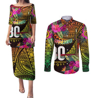 Personalised Vanuatu Independence Day 30 July Couples Matching Puletasi and Long Sleeve Button Shirt Hibiscus Polynesian Pattern DT02 Yellow - Polynesian Pride