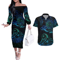 Sea Animal Polynesia Couples Matching Off The Shoulder Long Sleeve Dress and Hawaiian Shirt Polynesian Pattern DT02 Black - Polynesian Pride