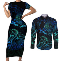 Sea Animal Polynesia Couples Matching Short Sleeve Bodycon Dress and Long Sleeve Button Shirt Polynesian Pattern DT02 Black - Polynesian Pride