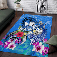 Aloha Hawaii Area Rug Dolphins and Fish Hook Hibiscus DT02 Blue - Polynesian Pride