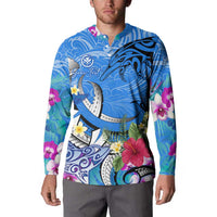Aloha Hawaii Button Sweatshirt Dolphins and Fish Hook Hibiscus