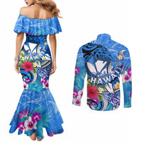 Aloha Hawaii Couples Matching Mermaid Dress and Long Sleeve Button Shirt Dolphins and Fish Hook Hibiscus
