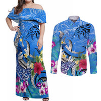 Aloha Hawaii Couples Matching Off Shoulder Maxi Dress and Long Sleeve Button Shirt Dolphins and Fish Hook Hibiscus DT02 Blue - Polynesian Pride
