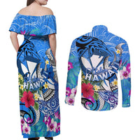 Aloha Hawaii Couples Matching Off Shoulder Maxi Dress and Long Sleeve Button Shirt Dolphins and Fish Hook Hibiscus DT02 - Polynesian Pride