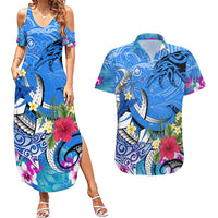 Aloha Hawaii Couples Matching Summer Maxi Dress and Hawaiian Shirt Dolphins and Fish Hook Hibiscus