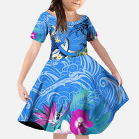 Aloha Hawaii Family Matching Tank Maxi Dress and Hawaiian Shirt Dolphins and Fish Hook Hibiscus DT02 Daughter's Dress Blue - Polynesian Pride