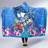 Aloha Hawaii Hooded Blanket Dolphins and Fish Hook Hibiscus DT02 One Size Blue - Polynesian Pride