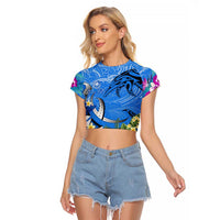 Aloha Hawaii Raglan Cropped T Shirt Dolphins and Fish Hook Hibiscus DT02 Female Blue - Polynesian Pride