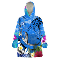 Aloha Hawaii Wearable Blanket Hoodie Dolphins and Fish Hook Hibiscus DT02 One Size Blue - Polynesian Pride