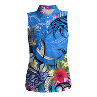 Aloha Hawaii Women Sleeveless Polo Shirt Dolphins and Fish Hook Hibiscus
