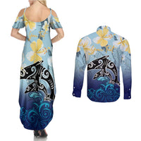 Mother And Baby Dolphins Couples Matching Summer Maxi Dress and Long Sleeve Button Shirt Hawaii Hibiscus