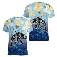 Mother And Baby Dolphins Women V-Neck T-Shirt Hawaii Hibiscus
