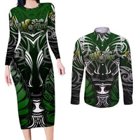 Personalised Warriors Maori Darts Couples Matching Long Sleeve Bodycon Dress and Long Sleeve Button Shirt New Zealand Darts Silver Fern