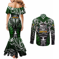 Personalised Warriors Maori Darts Couples Matching Mermaid Dress and Long Sleeve Button Shirt New Zealand Darts Silver Fern
