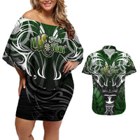 Personalised Warriors Maori Darts Couples Matching Off Shoulder Short Dress and Hawaiian Shirt New Zealand Darts Silver Fern