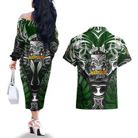 Personalised Warriors Maori Darts Couples Matching Off The Shoulder Long Sleeve Dress and Hawaiian Shirt New Zealand Darts Silver Fern