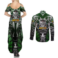 Personalised Warriors Maori Darts Couples Matching Summer Maxi Dress and Long Sleeve Button Shirt New Zealand Darts Silver Fern