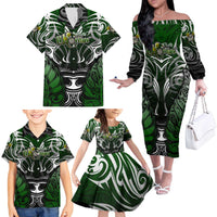 Personalised Warriors Maori Darts Family Matching Off The Shoulder Long Sleeve Dress and Hawaiian Shirt New Zealand Darts Silver Fern
