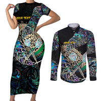 Personalised New Zealand Darts Couples Matching Short Sleeve Bodycon Dress and Long Sleeve Button Shirt NZ Paua Shell Maori Fern