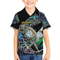 Personalised New Zealand Darts Family Matching Off Shoulder Short Dress and Hawaiian Shirt NZ Paua Shell Maori Fern