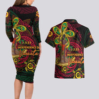 Custom Vanuatu 45th Independence Anniversary Couples Matching Long Sleeve Bodycon Dress and Hawaiian Shirt Flower Melanesian Namele Turtle DT02 - Polynesian Pride