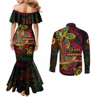 Custom Vanuatu 45th Independence Anniversary Couples Matching Mermaid Dress and Long Sleeve Button Shirt Flower Melanesian Namele Turtle DT02 - Polynesian Pride
