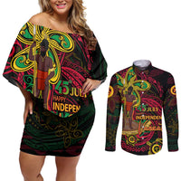 Custom Vanuatu 45th Independence Anniversary Couples Matching Off Shoulder Short Dress and Long Sleeve Button Shirt Flower Melanesian Namele Turtle - Polynesian Pride