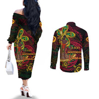 Custom Vanuatu 45th Independence Anniversary Couples Matching Off The Shoulder Long Sleeve Dress and Long Sleeve Button Shirt Flower Melanesian Namele Turtle DT02 - Polynesian Pride