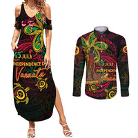 Custom Vanuatu 45th Independence Anniversary Couples Matching Summer Maxi Dress and Long Sleeve Button Shirt Flower Melanesian Namele Turtle DT02 Black - Polynesian Pride