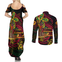 Custom Vanuatu 45th Independence Anniversary Couples Matching Summer Maxi Dress and Long Sleeve Button Shirt Flower Melanesian Namele Turtle DT02 - Polynesian Pride