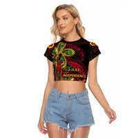 Custom Vanuatu 45th Independence Anniversary Raglan Cropped T Shirt Flower Melanesian Namele Turtle DT02 Female Black - Polynesian Pride