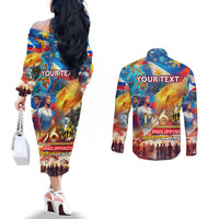Custom The Philippines 126th Independence Anniversary Couples Matching Off The Shoulder Long Sleeve Dress and Long Sleeve Button Shirt Art Style - Polynesian Pride