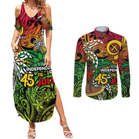 Personalized Vanuatu 45th Independence Anniversary Couples Matching Summer Maxi Dress and Long Sleeve Button Shirt Melanesian Pattern Reggae DT02 Art - Polynesian Pride