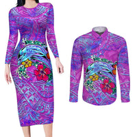 Dolphin Polynesia Couples Matching Long Sleeve Bodycon Dress and Long Sleeve Button Shirt Hibiscus Tropical Wave - Purple Vibes DT02 Purple - Polynesian Pride