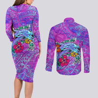 Dolphin Polynesia Couples Matching Long Sleeve Bodycon Dress and Long Sleeve Button Shirt Hibiscus Tropical Wave - Purple Vibes DT02 - Polynesian Pride