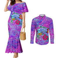 Dolphin Polynesia Couples Matching Mermaid Dress and Long Sleeve Button Shirt Hibiscus Tropical Wave - Purple Vibes DT02 Purple - Polynesian Pride