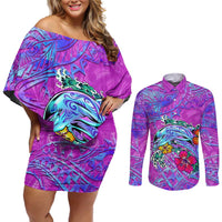 Dolphin Polynesia Couples Matching Off Shoulder Short Dress and Long Sleeve Button Shirt Hibiscus Tropical Wave - Purple Vibes DT02 Purple - Polynesian Pride