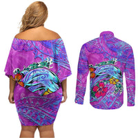 Dolphin Polynesia Couples Matching Off Shoulder Short Dress and Long Sleeve Button Shirt Hibiscus Tropical Wave - Purple Vibes DT02 - Polynesian Pride