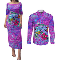 Dolphin Polynesia Couples Matching Puletasi and Long Sleeve Button Shirt Hibiscus Tropical Wave - Purple Vibes DT02 Purple - Polynesian Pride