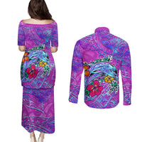 Dolphin Polynesia Couples Matching Puletasi and Long Sleeve Button Shirt Hibiscus Tropical Wave - Purple Vibes DT02 - Polynesian Pride