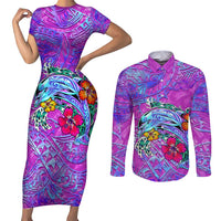 Dolphin Polynesia Couples Matching Short Sleeve Bodycon Dress and Long Sleeve Button Shirt Hibiscus Tropical Wave - Purple Vibes DT02 Purple - Polynesian Pride
