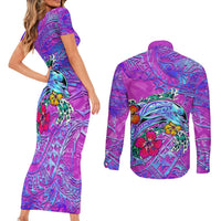 Dolphin Polynesia Couples Matching Short Sleeve Bodycon Dress and Long Sleeve Button Shirt Hibiscus Tropical Wave - Purple Vibes DT02 - Polynesian Pride